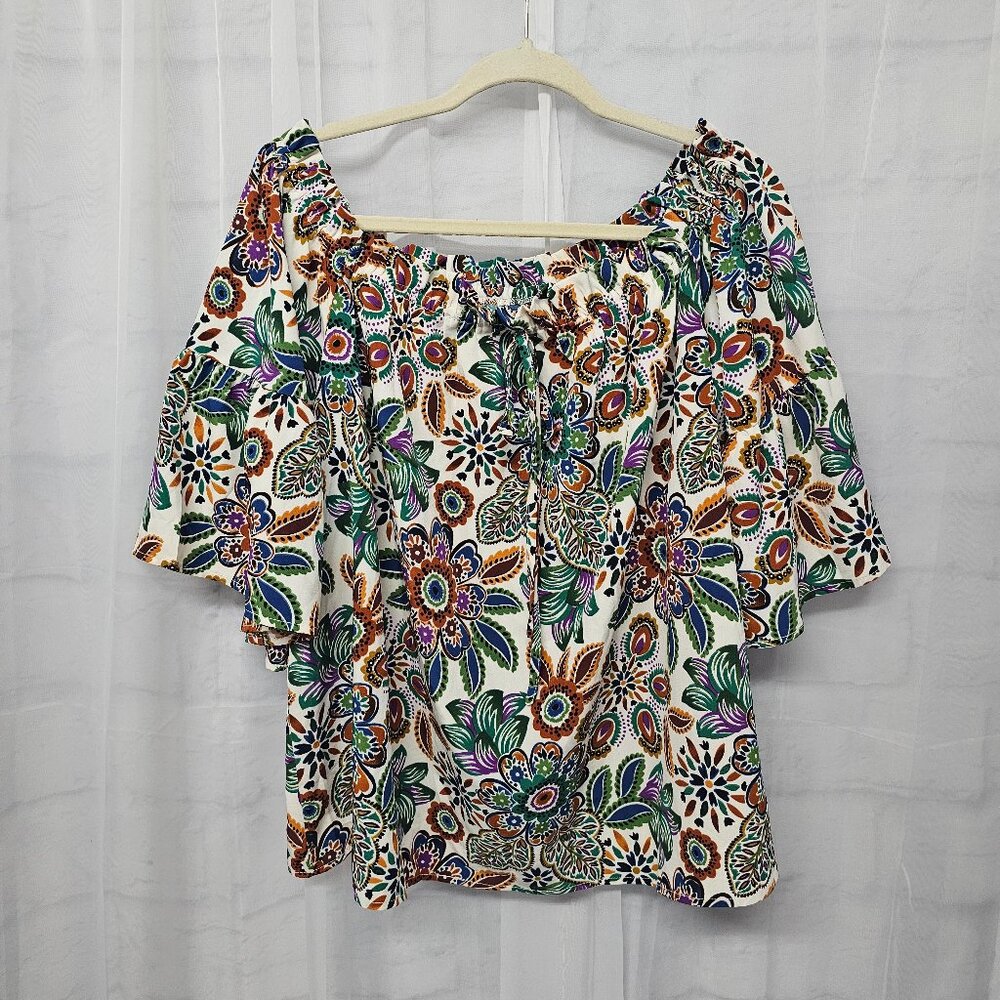 Shein Peasant Blouse Floral Boho Green Boho Festival Artsy Ruffle 2X